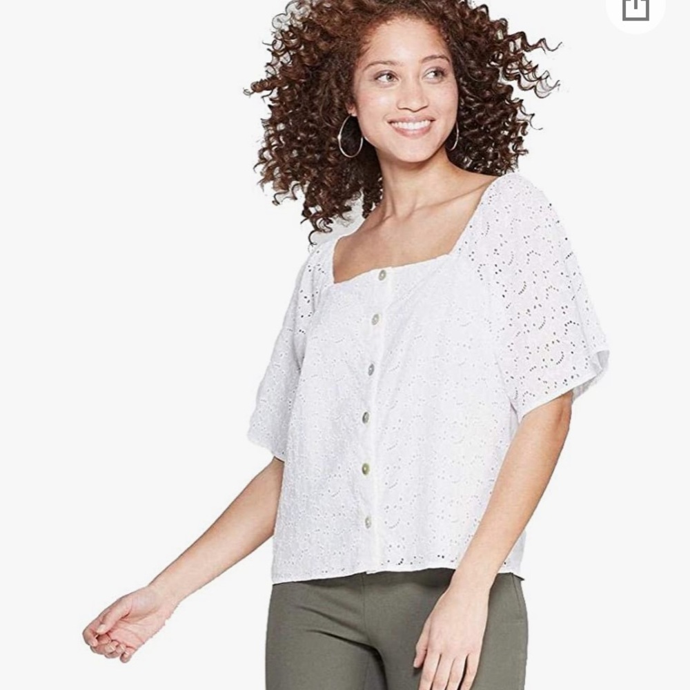 A New Day- Button Down White Lace Blouse Square Neck